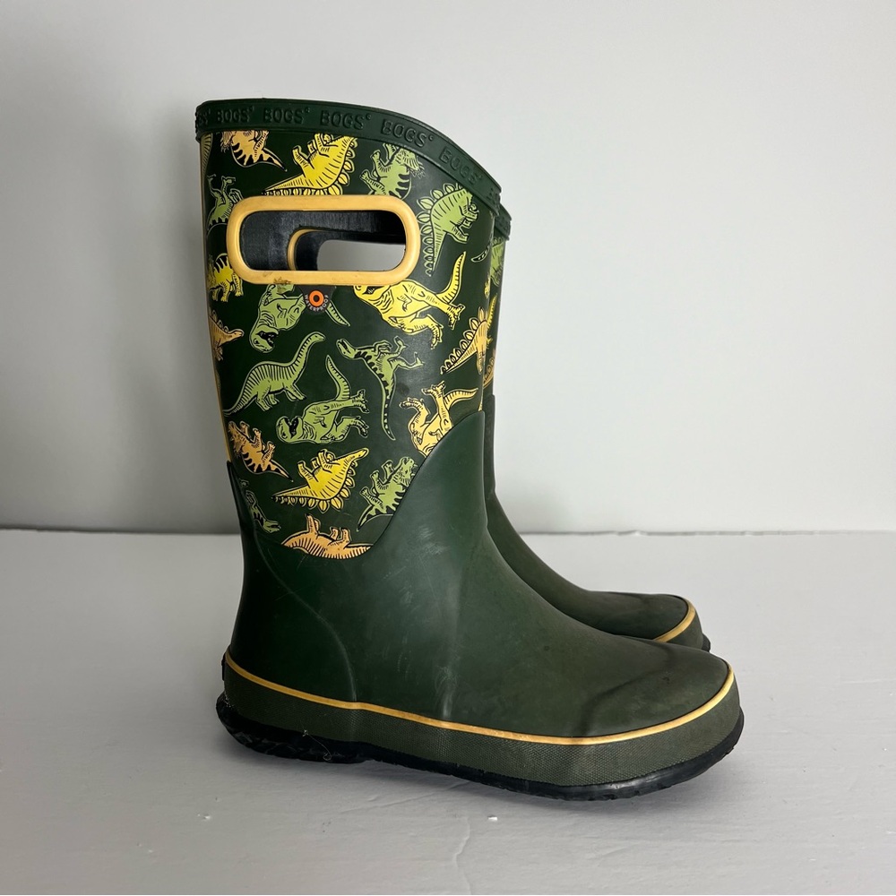 Bogs Kids Rubber Rain Boots Waterproof Green Dinosaur Boots Size 2 Boys Wellies